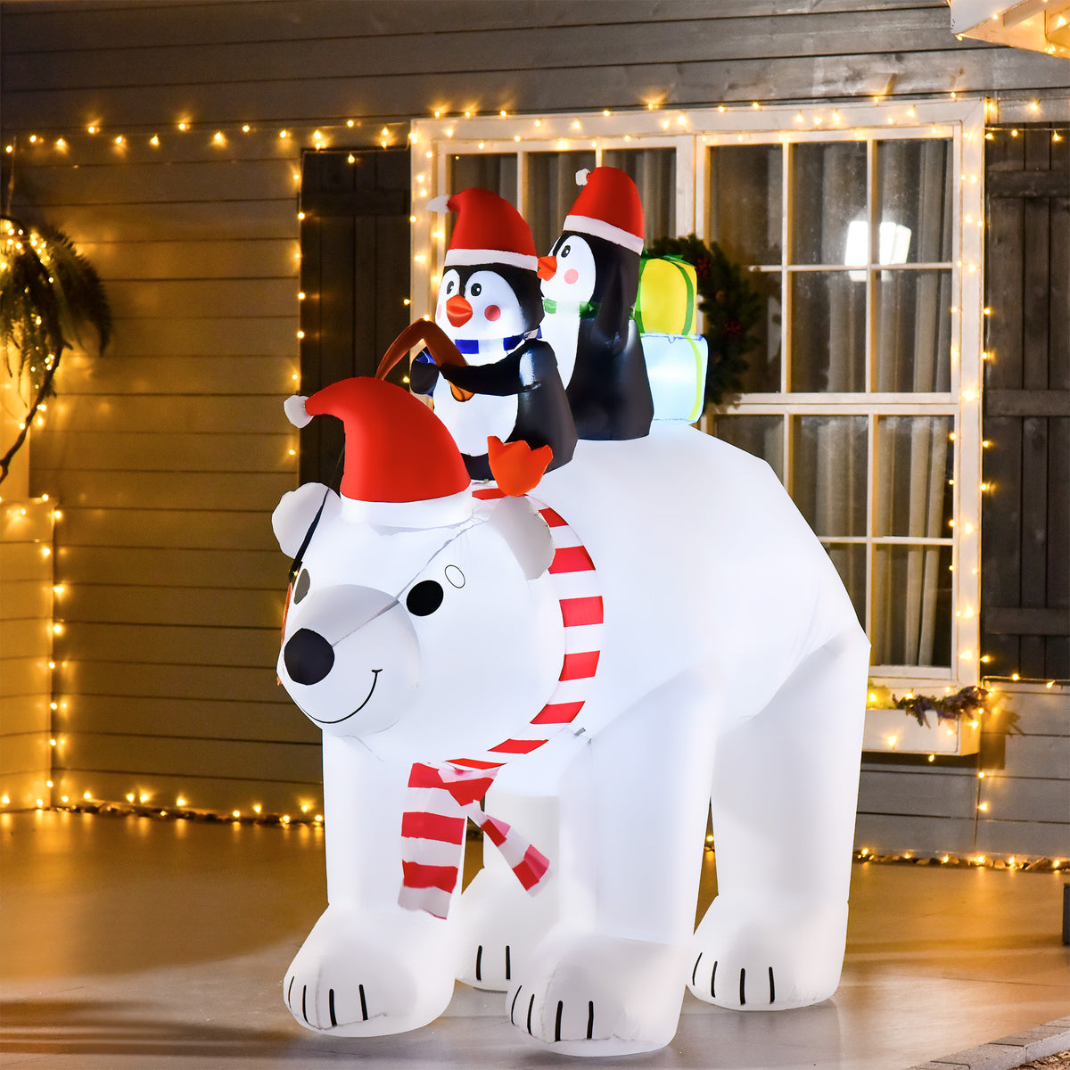 Ours Polaire Gonflable de Noël avec Lumières LED 206cm Décoration Gonflable de Noël Imperméable avec 2 Pingouins-1