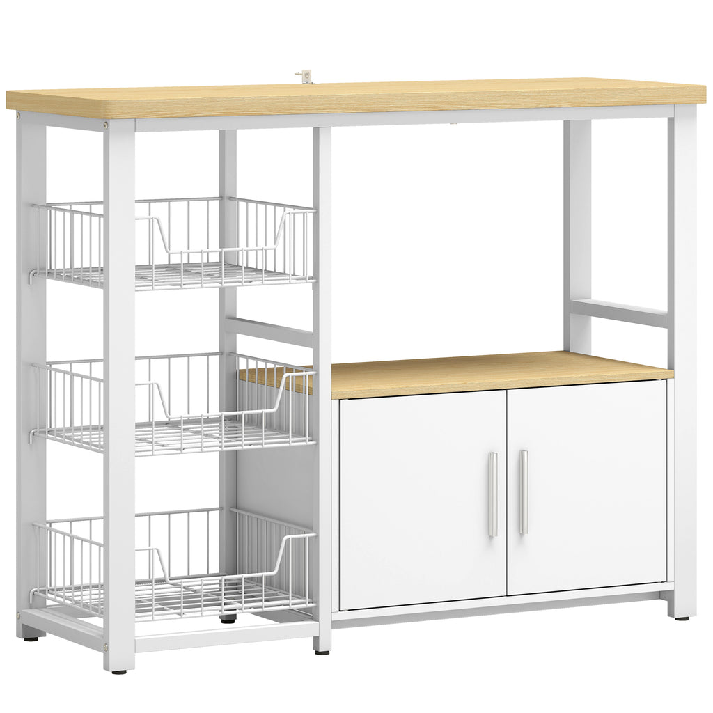 Étagère de rangement de cuisine avec paniers coulissants et placard, support micro-ondes, 100 x 35 x 80 cm, blanc-0