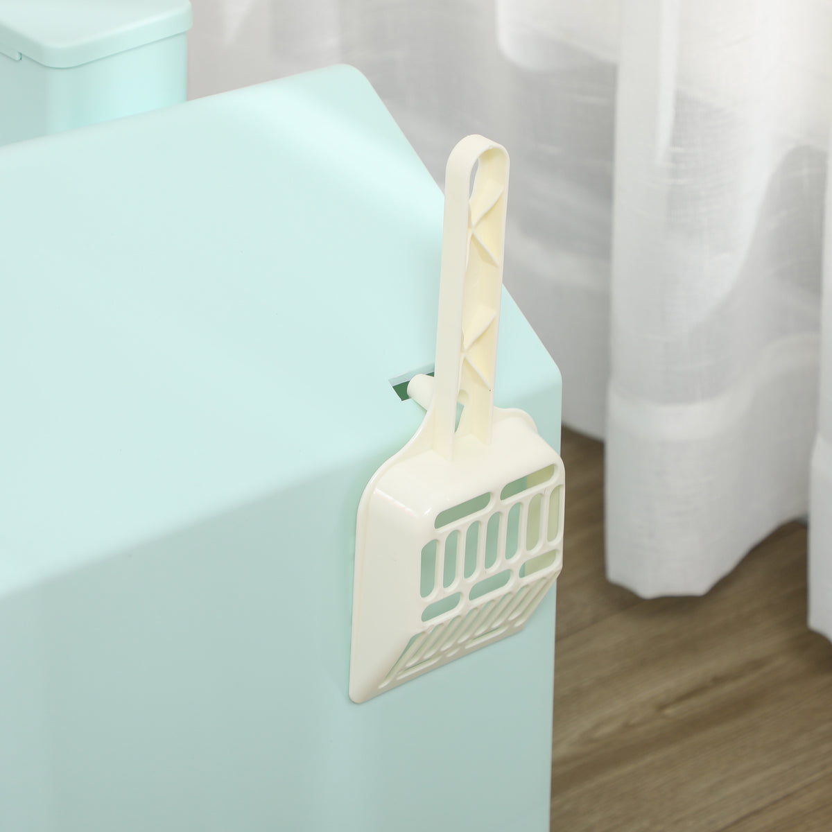 Maison de toilette bac à litière pour chat design maisonnette avec pelle, filtre et tapis dim. 47L x 45l x 42H cm bleu-9