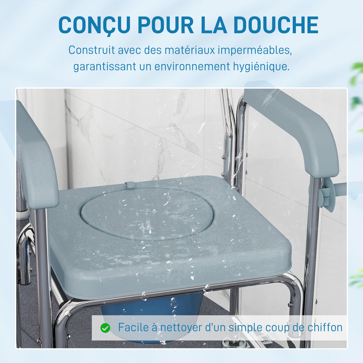 Chaise percée adulte à roulettes, chaise percée de douche avec repose-pieds, dossier et accoudoirs, 53x97x97cm, gris-4