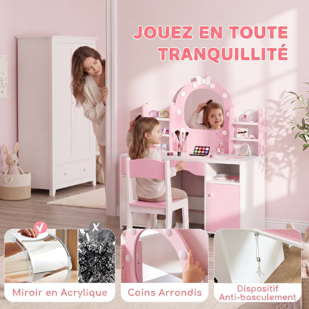 Coiffeuse pour Enfants avec Tabouret et Miroir Lumineux à 2 Couleurs en Acrylique, pour 3-8 Ans, 90 x 41 x 104 cm, Rose-5