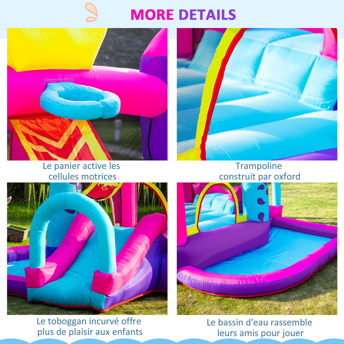 Château Gonflable avec Toboggan, Trampoline, Aire de Jeux Piscine et Panier Jusqu'à 3 Enfants +3 Ans gonfleur et Sac de Transport Souffleur 350W inclus dim. 300L x 270l x 200H cm Multicolore-6