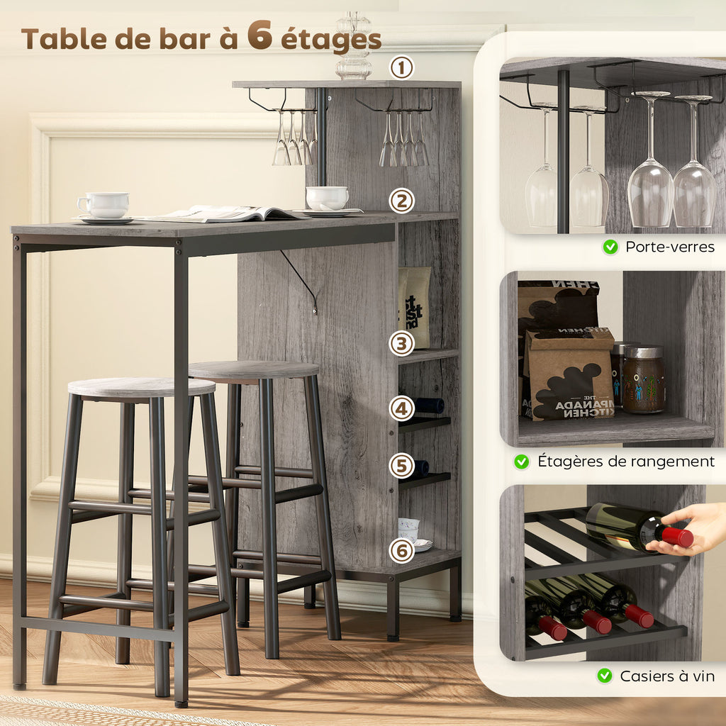 Ensemble table de bar avec tabourets, table à manger debout avec 2 chaises de bar étagères, casiers à vin, bois naturel-3