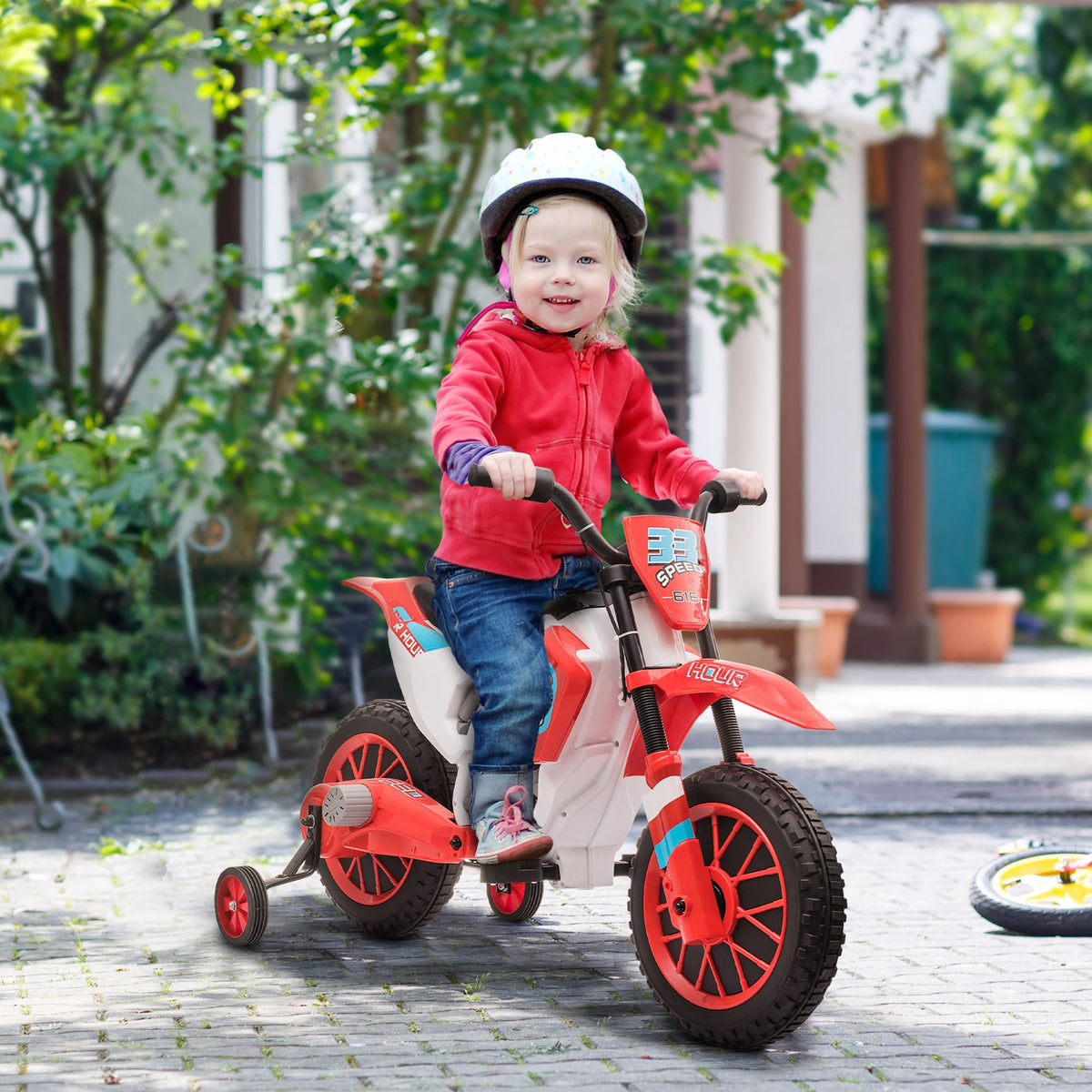 Moto Cross électrique Enfant 3 à 6 Ans 12 V 3-8 Km/h avec roulettes latérales Amovibles 106,5x51,5x68cm Rouge-9
