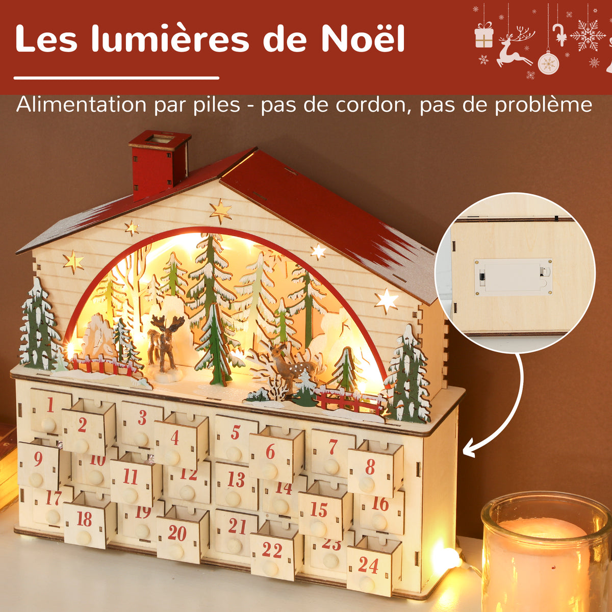 Calendrier de l'Avent lumineux, calendrier de l'Avent à remplir, 24 tiroirs, scène de village, 36x10x34cm, bois naturel-5
