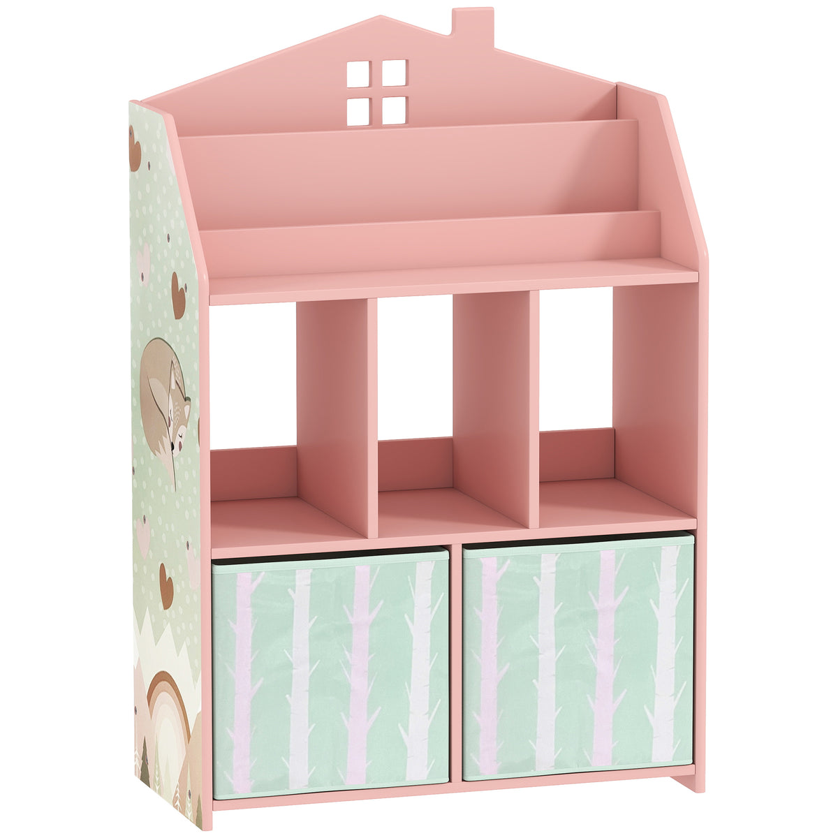 Meuble rangement enfant, bibliothèque enfants avec étagères ouvertes et 2 tiroirs en tissu, MDF, rose-0