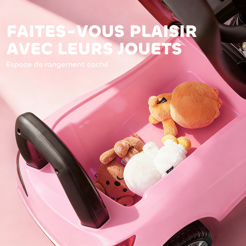 Porteur enfants voiture, véhicule à pousser avec coffre à jouets, klaxon, phares et musique, 63,5 x 28 x 36 cm, rose-5