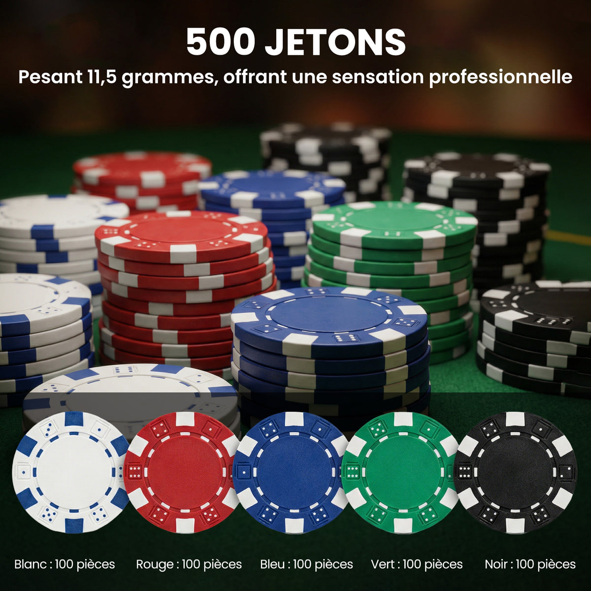 Mallette de poker coffret de poker complet 500 jetons, boîtier en ABS, cartes à jouer, dés, dealer, tapis, clés-6