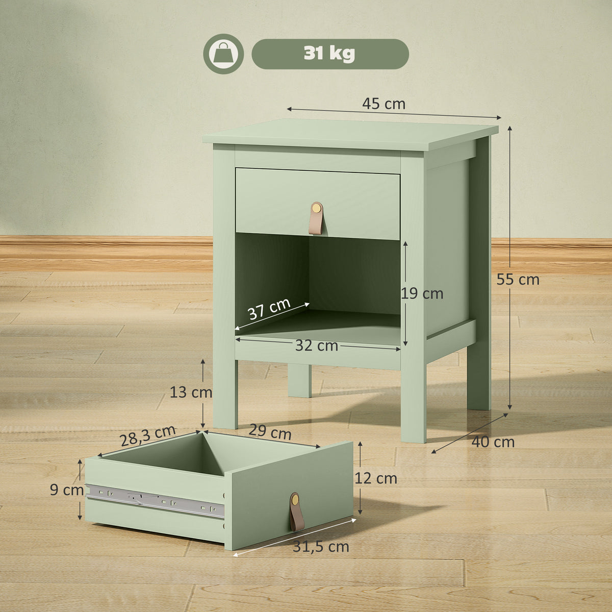 Lot de 2 tables de chevet avec tiroir et compartiment ouvert, 45 x 40 x 55 cm, vert-2