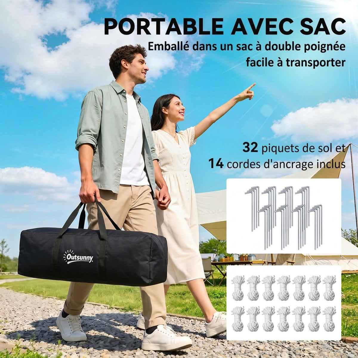 Tente de camping familiale 4 personnes dôme 2 chambres 1 séjour et 1 auvent anti-UV Imperméable 2000 mm multicolore-6