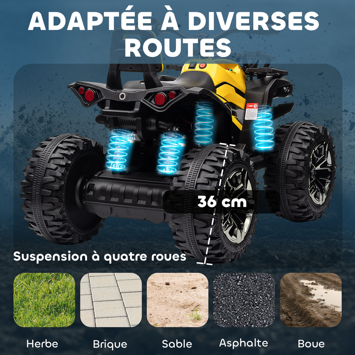 Quad Buggy électrique Enfant 12 V 8 Km/h Max. Voiture électrique Enfant avec Effets Lumineux sonores Selle avec Dossier Porte-Bagage Avant métal PP Jaune Noir-4