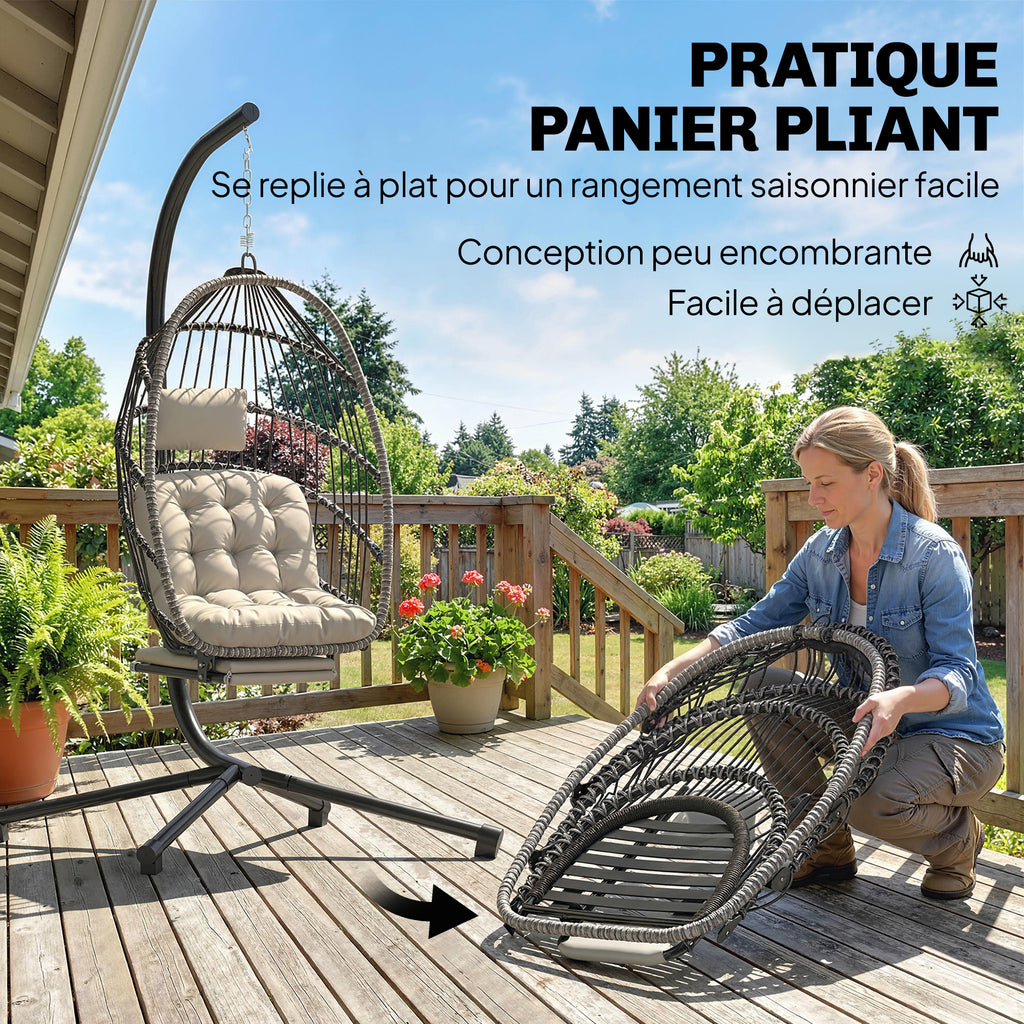 Fauteuil suspendu avec support, chaise suspendue pliante avec repose-pieds rétractable, gris clair-4