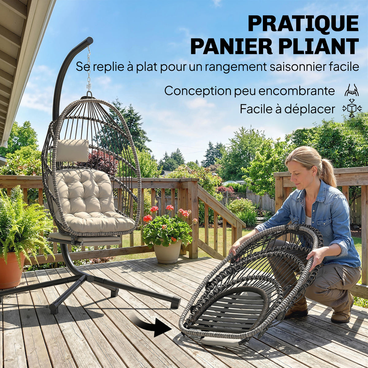 Fauteuil suspendu avec support, chaise suspendue pliante avec repose-pieds rétractable, gris clair-4