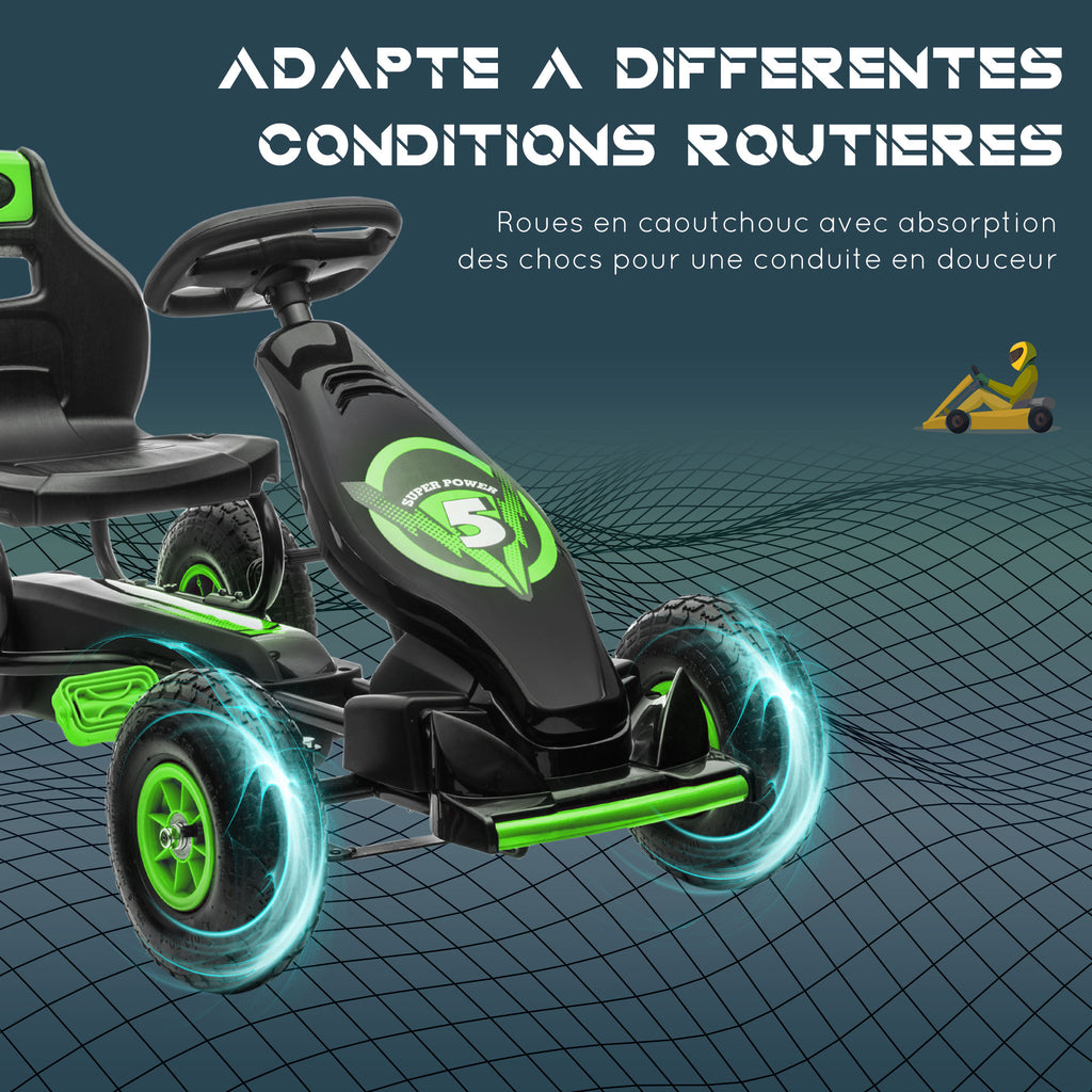 Kart à pédales pour enfant siège réglable 3 positions frein à main enfant de 5 à 12 ans vert noir-5