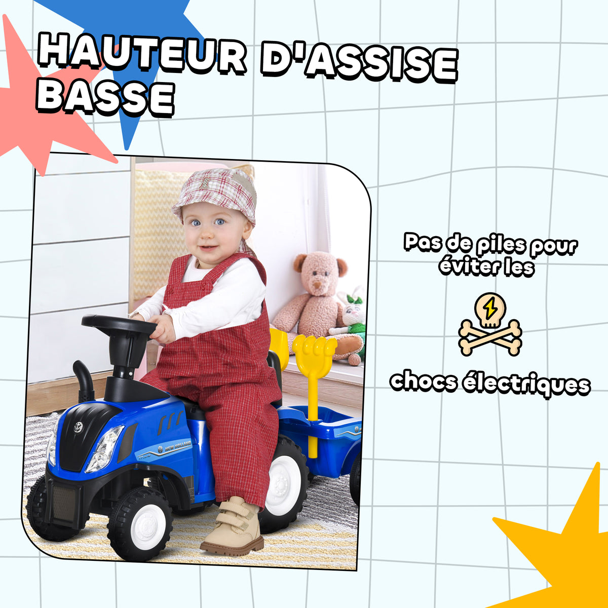 Porteur tracteur enfants avec coffre amovible, râteau et pelle, voiture enfants avec lumière LED et klaxon, bleu-6