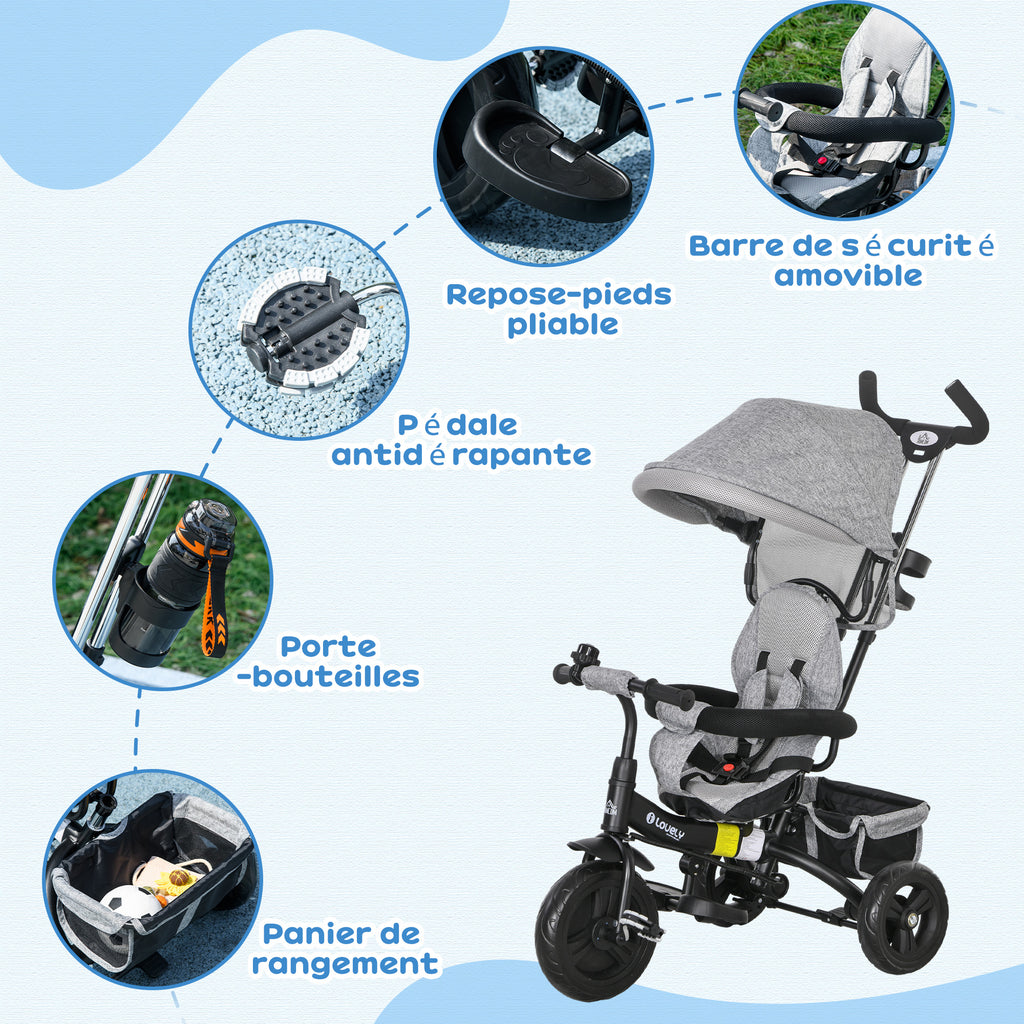 Tricycle Enfant évolutif Pare-Soleil Pliable Canne télescopique Amovible 95 x 50 x 106 cm Acier Gris Noir-6