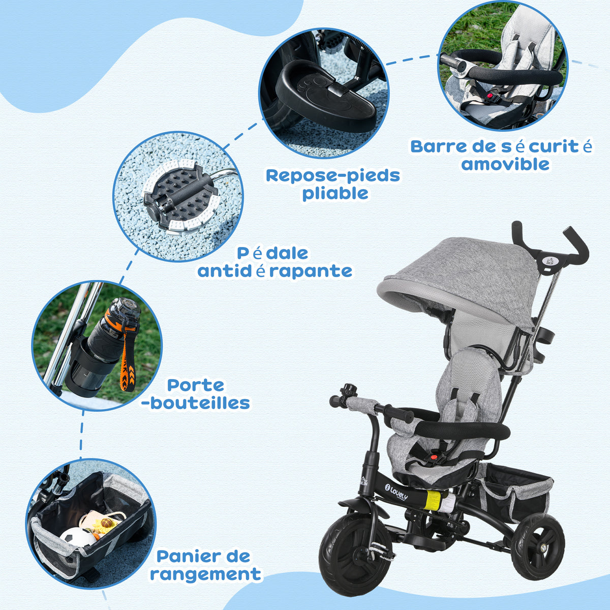 Tricycle Enfant évolutif Pare-Soleil Pliable Canne télescopique Amovible 95 x 50 x 106 cm Acier Gris Noir-6