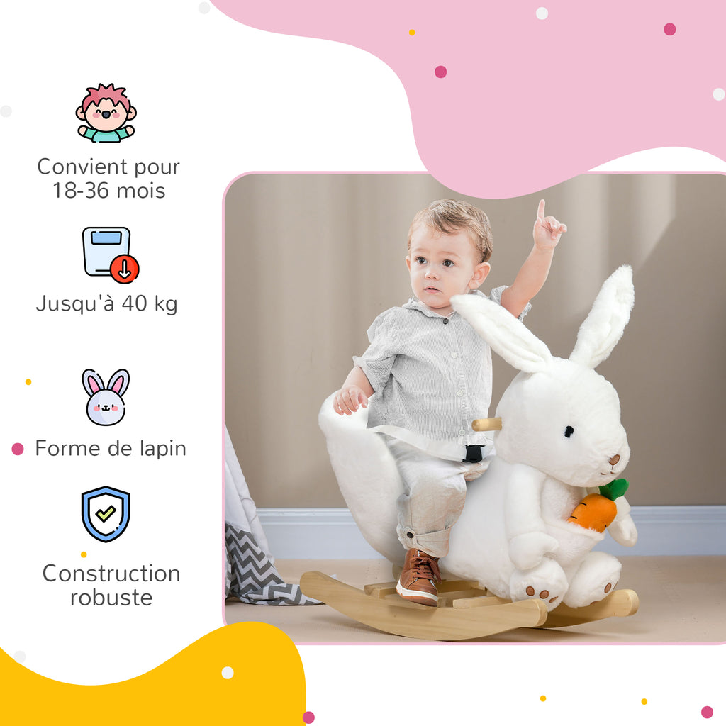 Jouet à bascule modèle lapin fonction musicale selle grand confort peluche courte douce bois peuplier 18-36 mois blanc-4