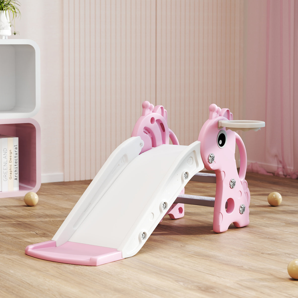 Toboggan pour enfants 3 en 1 en forme de girafe avec panier de basket, escalade et ballon, 106 x 51,5 x 52 cm, rose-8