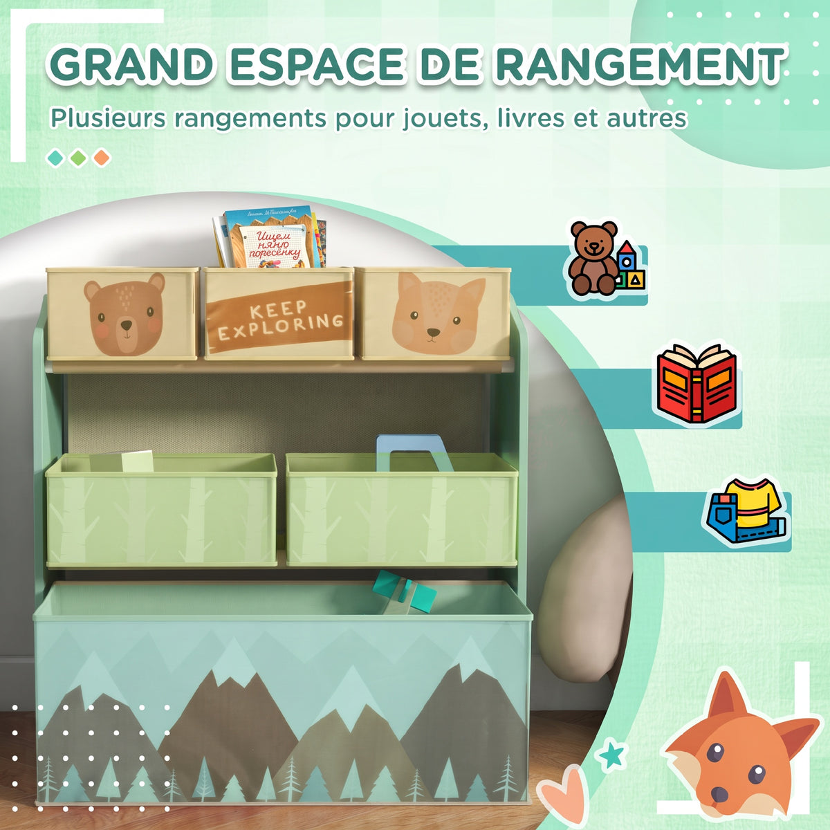 Meuble de rangement enfant avec 6 boîtes amovibles en tissu non tissé Organisateur de jouets, étagère 63L x 30l x 66H cm-3