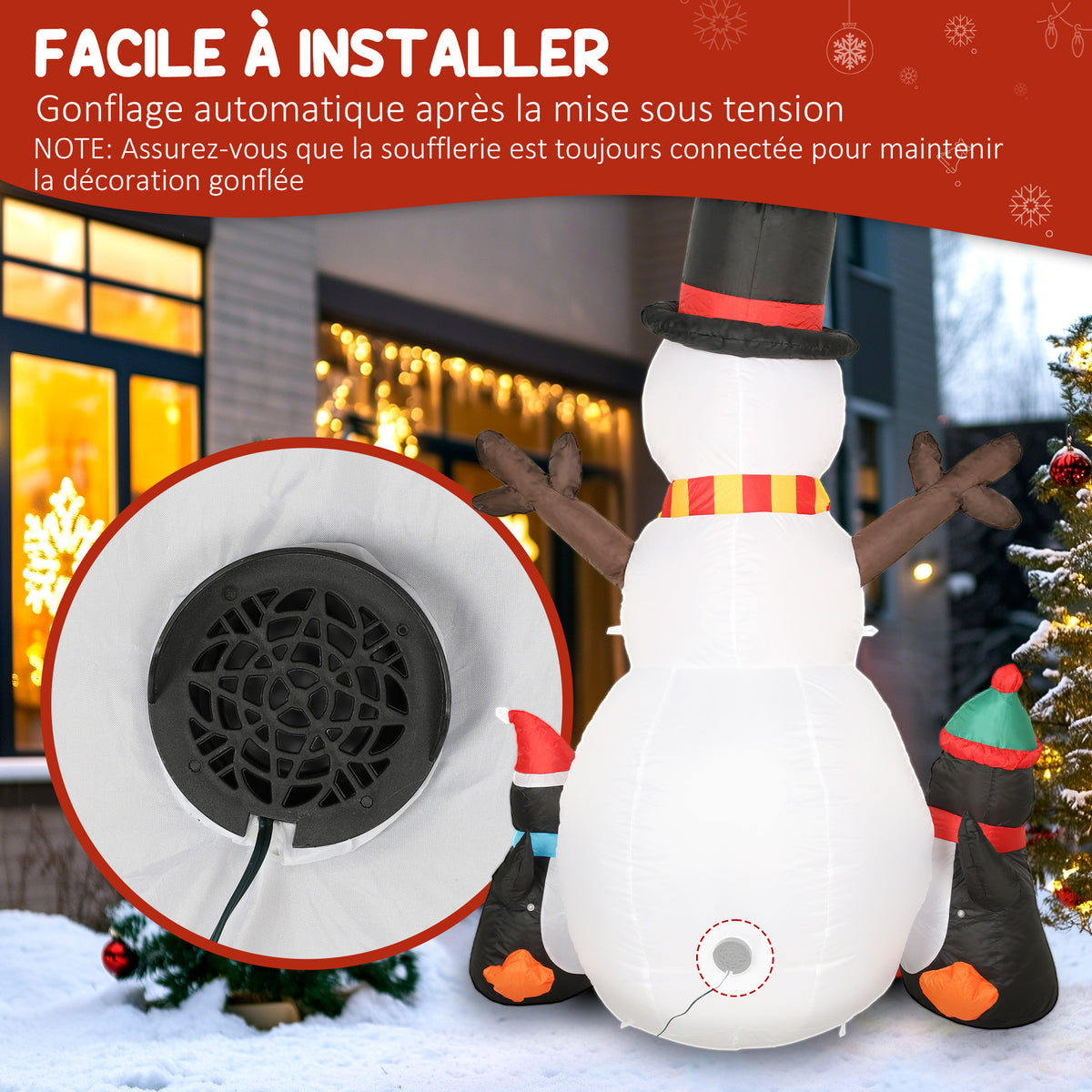 Bonhomme de neige et pingouins gonflable de Noël de 180 cm avec lumières LED, décoration de Noël intérieur et extérieur-4