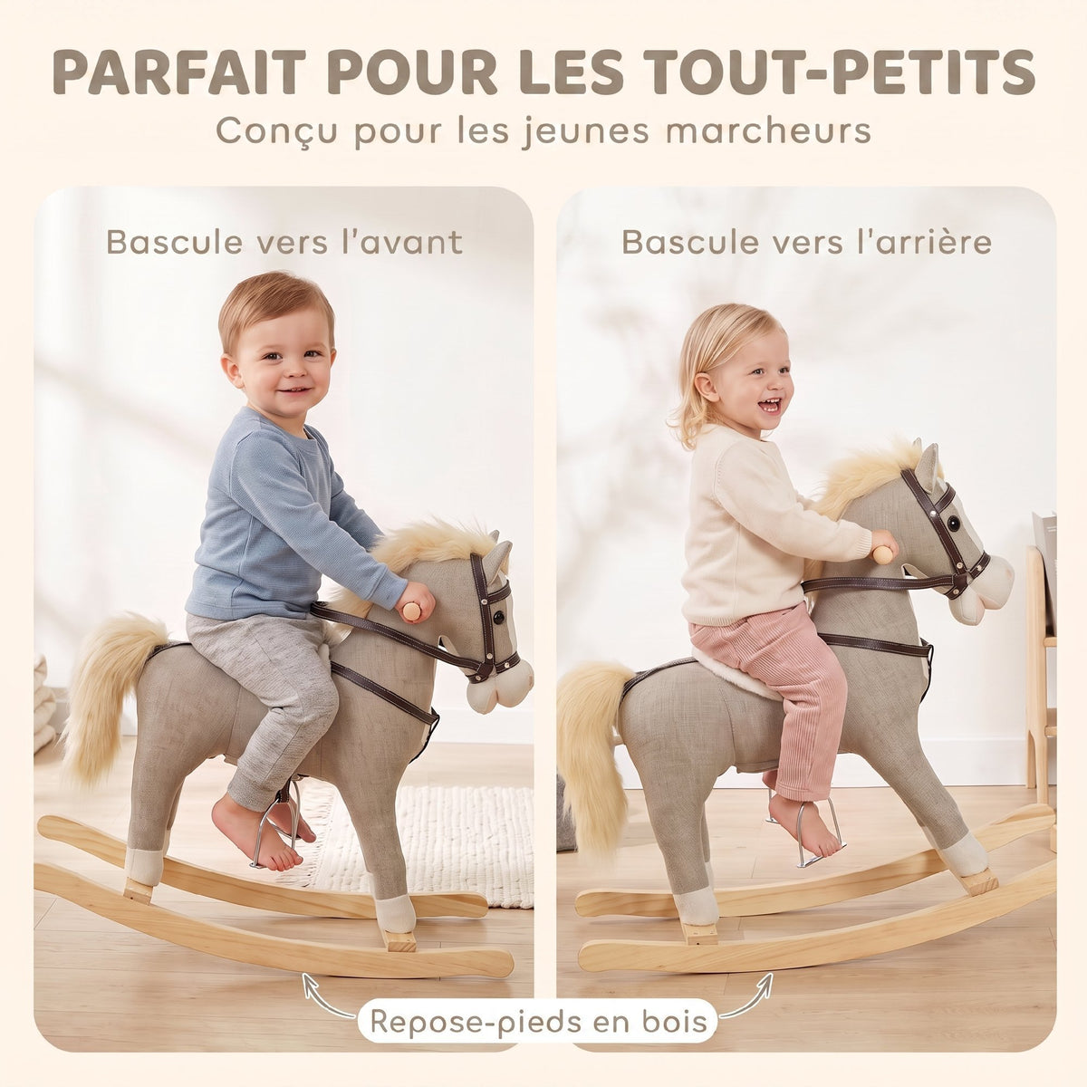 Cheval à bascule pour enfants, jouet à bascule bébé en tissu effet lin avec effets sonores et poignées de sécurité, gris-5