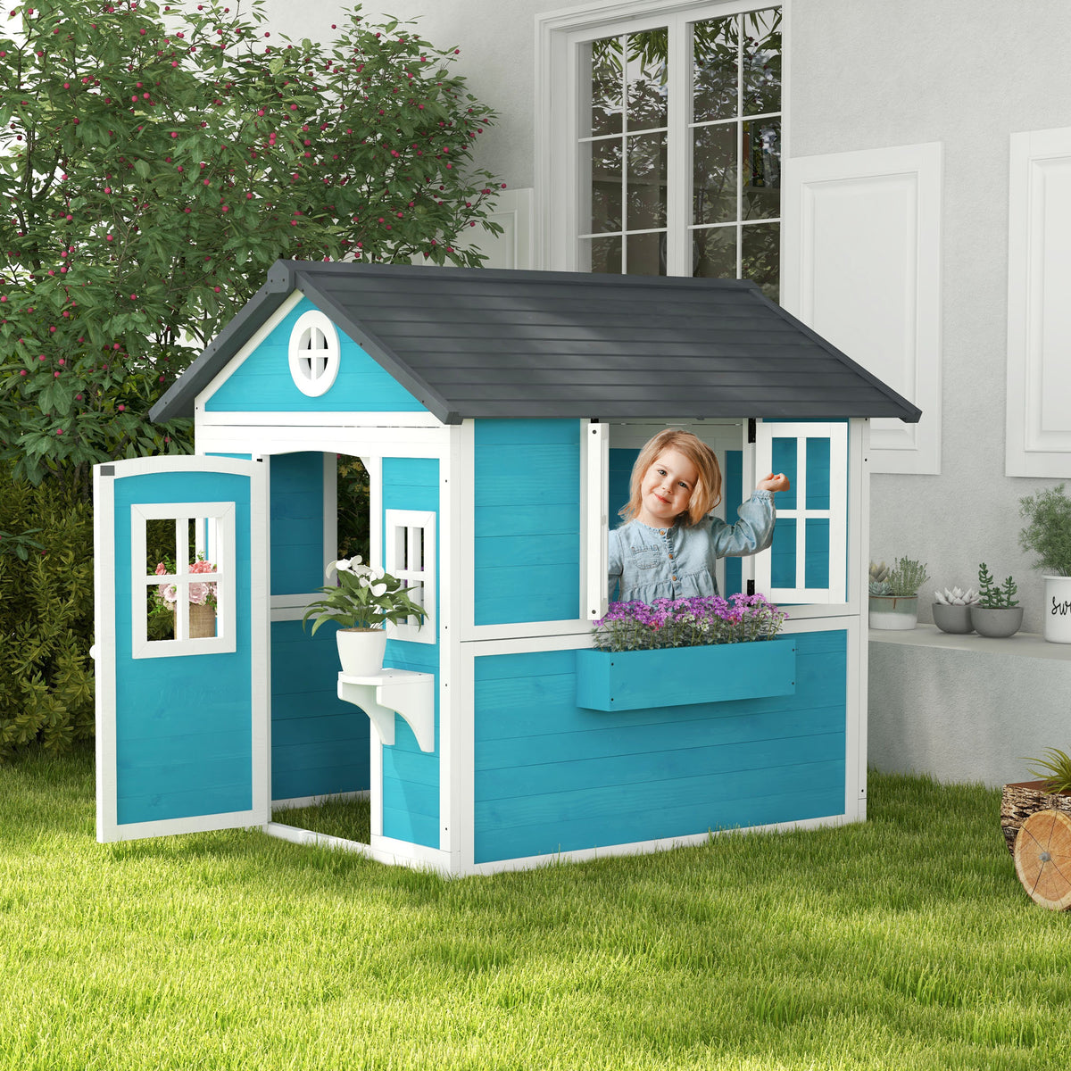 Cabane enfant extérieur maison enfant extérieure avec porte fenêtres et jardinières 114 x 126,4 x 135 cm bleu-1