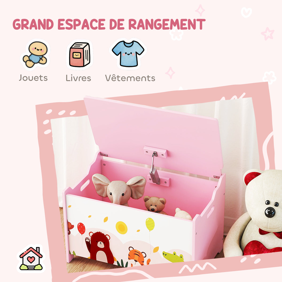 Coffre à jouet enfant coffre de rangement enfant couvercle rabattable motif animal 60 x 37 x 39 cm rose-3