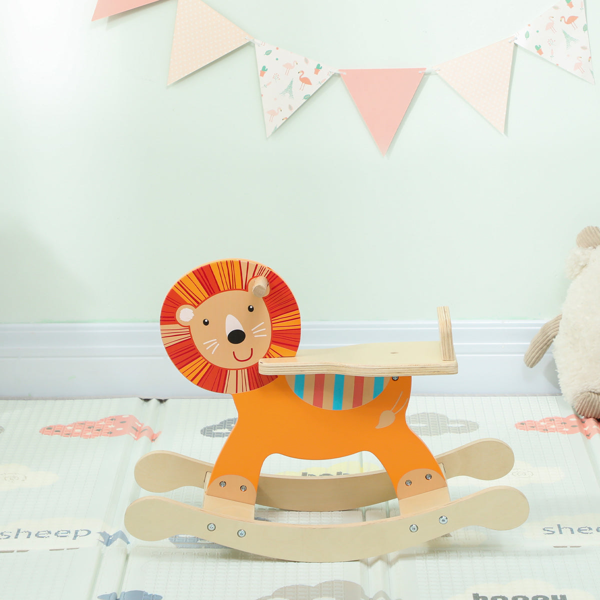 Cheval à bascule pour enfants, lion jouet à bascule bébé en bois avec guidon et base stable, 59 x 27 x 43 cm, orange-7
