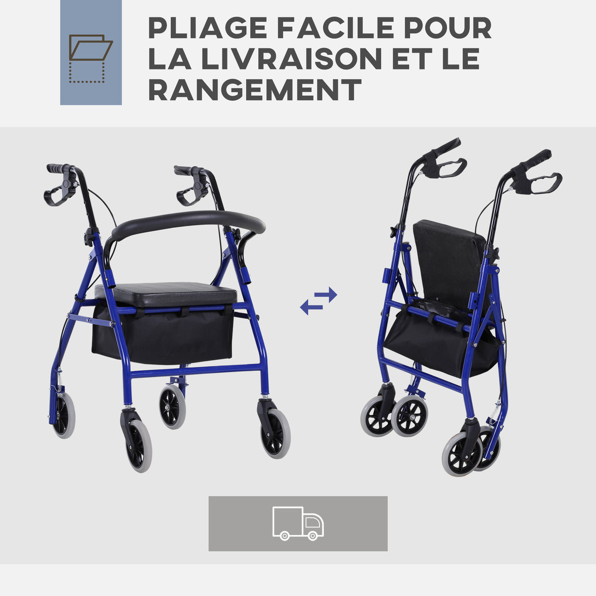 Déambulateur 4 roues - déambulateur pliable léger - assise + dossier rembourré - poignées ergonomiques, freins à main - panier rangement - métal bleu-3