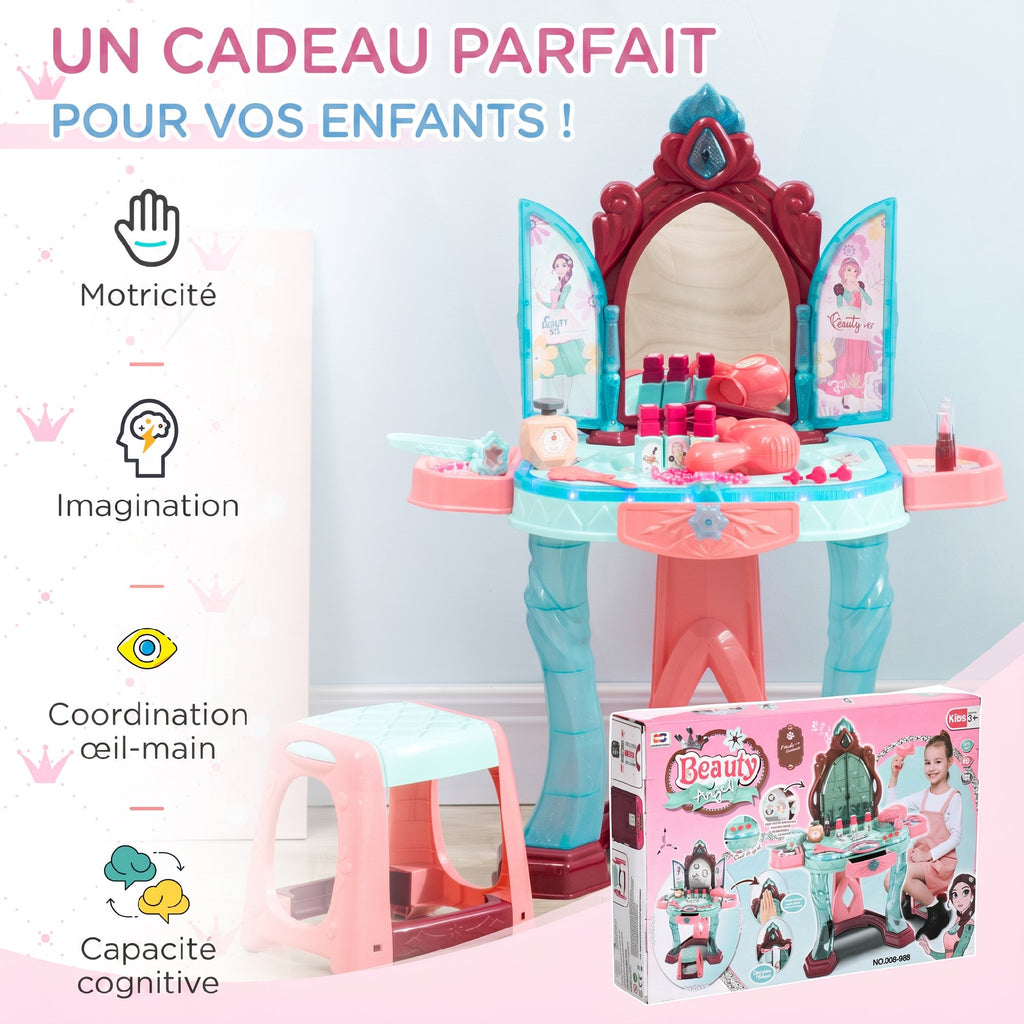Coiffeuse Enfant Fille avec Miroir Magique, Musique, Plateaux, Tiroir et Accessoires, 3-6 Ans, 57x34x76cm, Multicolore-6