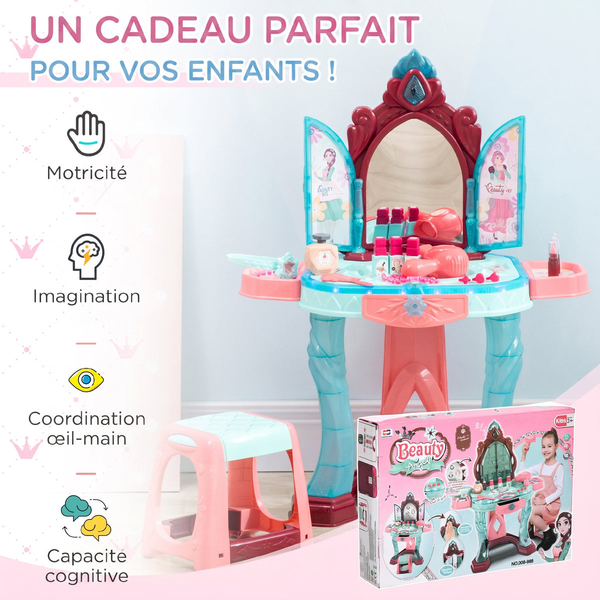 Coiffeuse Enfant Fille avec Miroir Magique, Musique, Plateaux, Tiroir et Accessoires, 3-6 Ans, 57x34x76cm, Multicolore-6