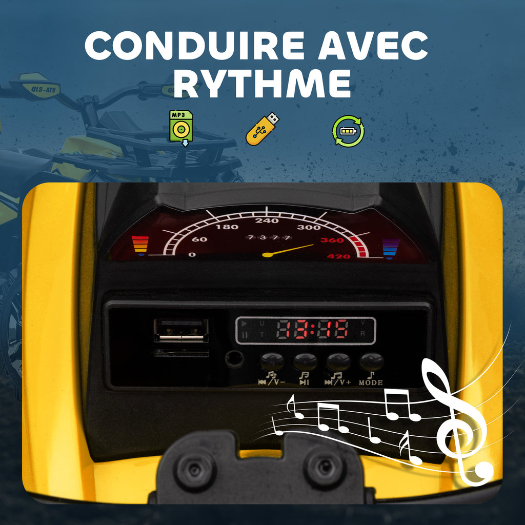 Quad Buggy électrique Enfant 12 V 8 Km/h Max. Voiture électrique Enfant avec Effets Lumineux sonores Selle avec Dossier Porte-Bagage Avant métal PP Jaune Noir-5