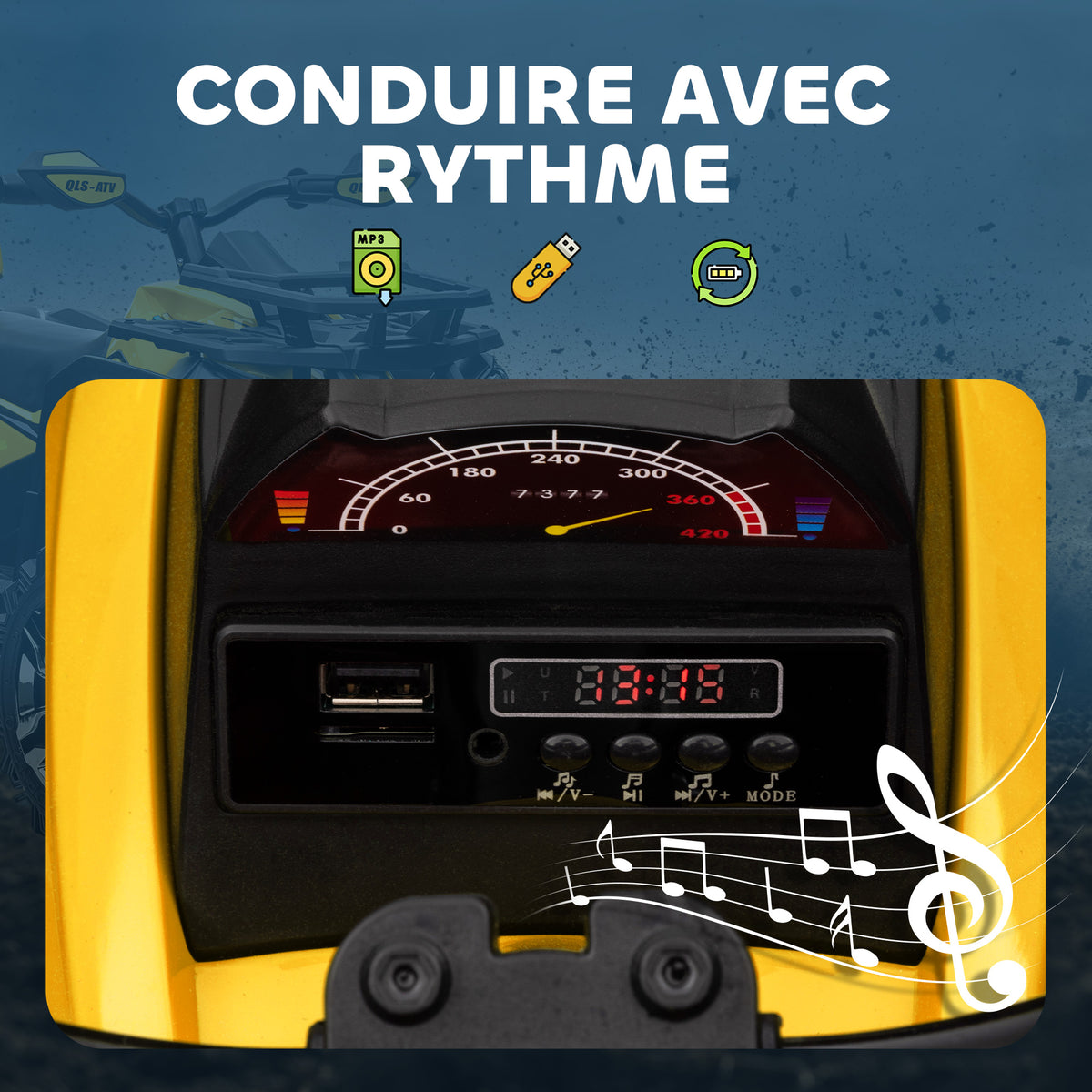 Quad Buggy électrique Enfant 12 V 8 Km/h Max. Voiture électrique Enfant avec Effets Lumineux sonores Selle avec Dossier Porte-Bagage Avant métal PP Jaune Noir-5