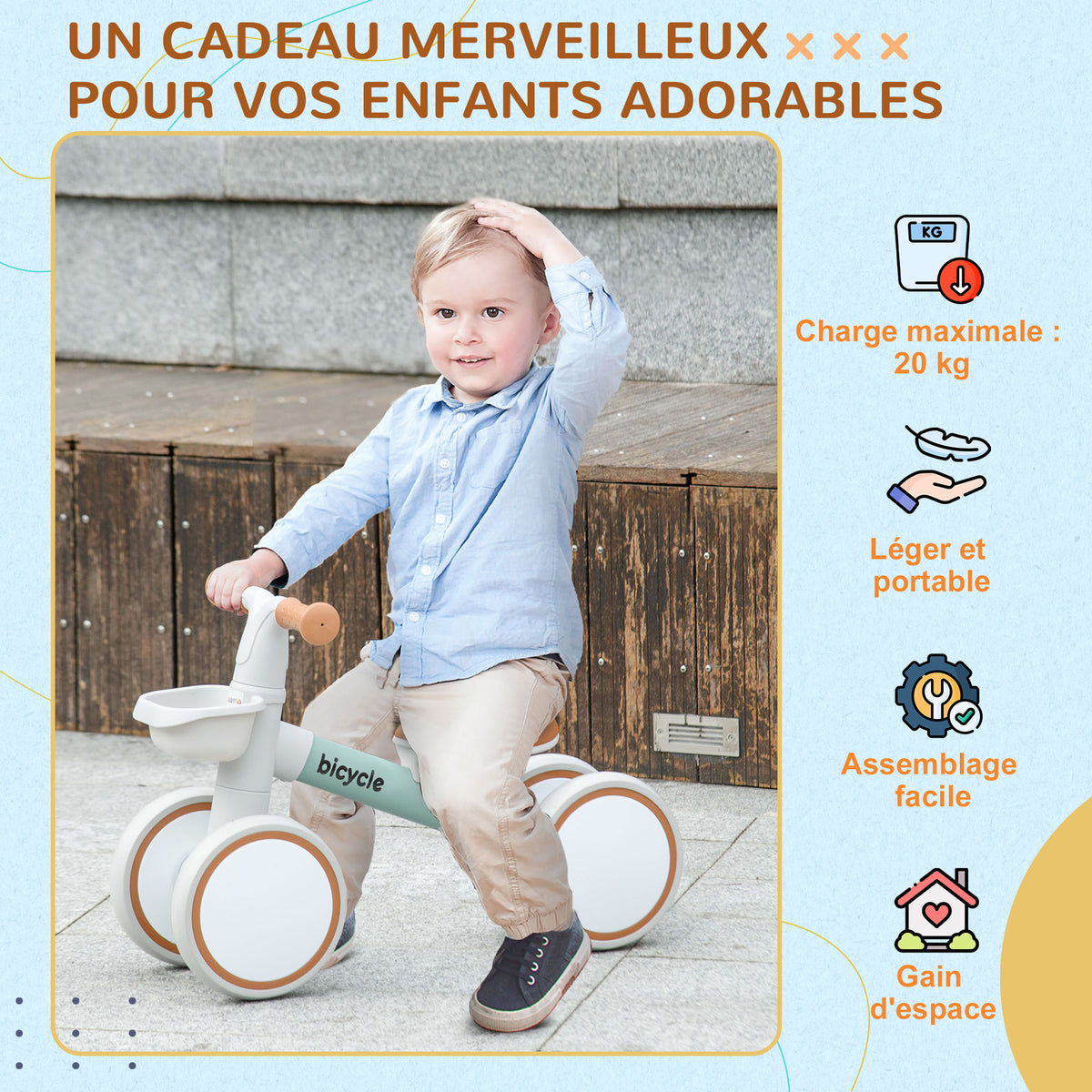 Draisienne vélo Enfant 4 roues selle réglable, guidon ergonomique alliage alu. PP, enfant 1 à 3 ans - Gris Marron vert-7