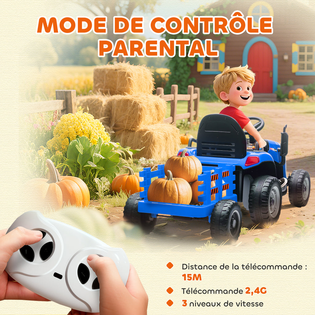 Tracteur électrique enfants avec remorque amovible, voiture électrique enfants, télécommande 2,4G, 139x58x55cm, bleu-5
