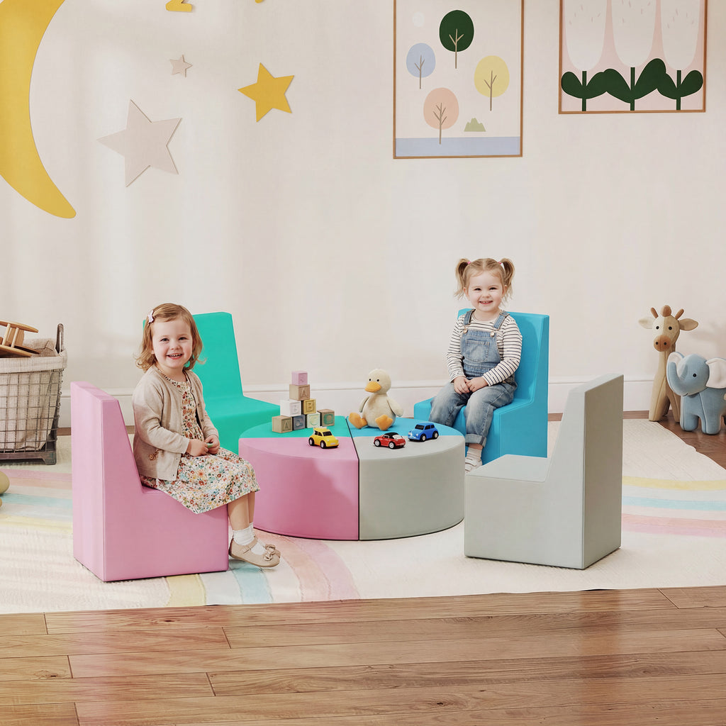 Parcours motricité bébé 8PCS, module motricité bébé mousse EPE et housse en PU, design table et chaises, multicolore-9