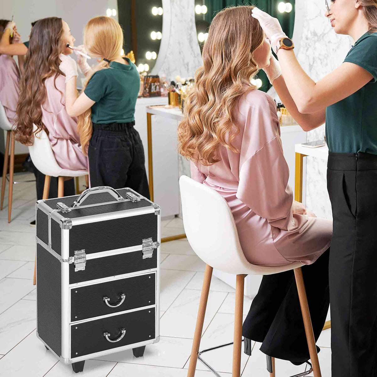 Valise trolley maquillage mallette cosmétique vanity poignée télescopique réglable 36L x 23l x 58H cm alu ABS noir-1