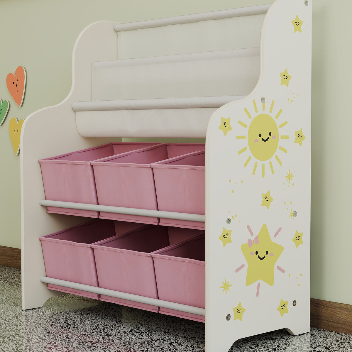 Meuble Rangement Enfant, Rangement Jouet Enfant, 6 Tiroirs en Tissu et Étagère à Deux Niveaux, 63x30x71cm, Rose-8