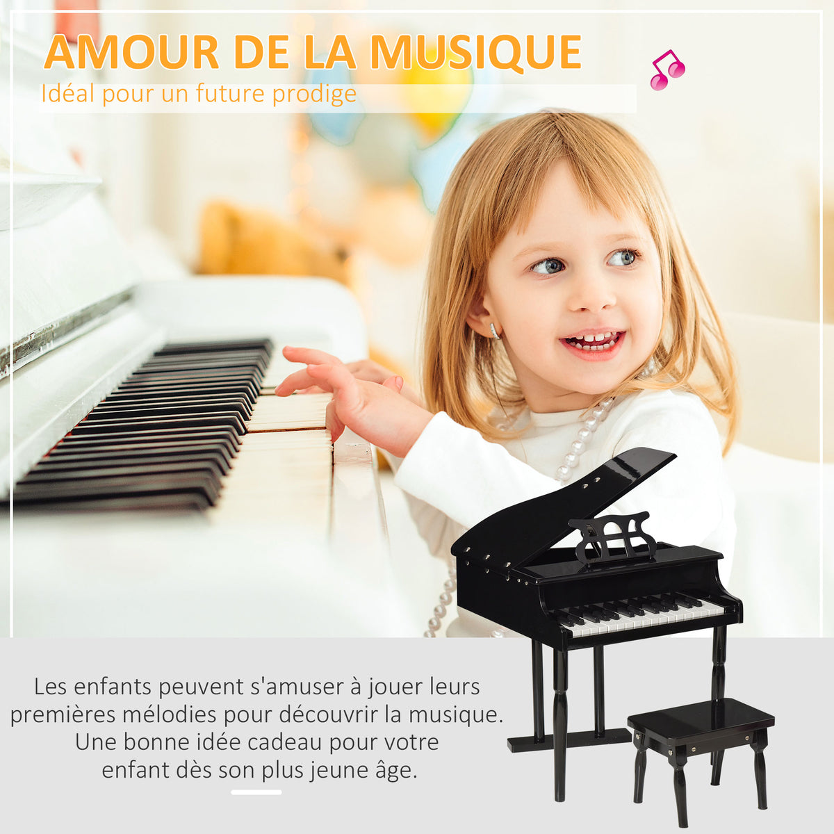 Piano à queue enfant en bois Piano enfant clavier de piano 30 touches - tabouret et pupitre inlus - Instrument de Musique - MDF noir-5