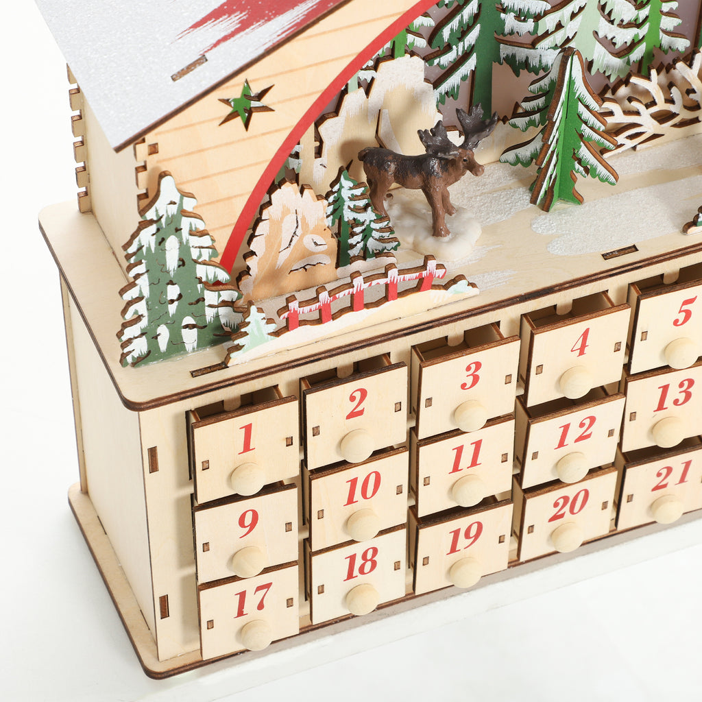 Calendrier de l'Avent lumineux, calendrier de l'Avent à remplir, 24 tiroirs, scène de village, 36x10x34cm, bois naturel-8