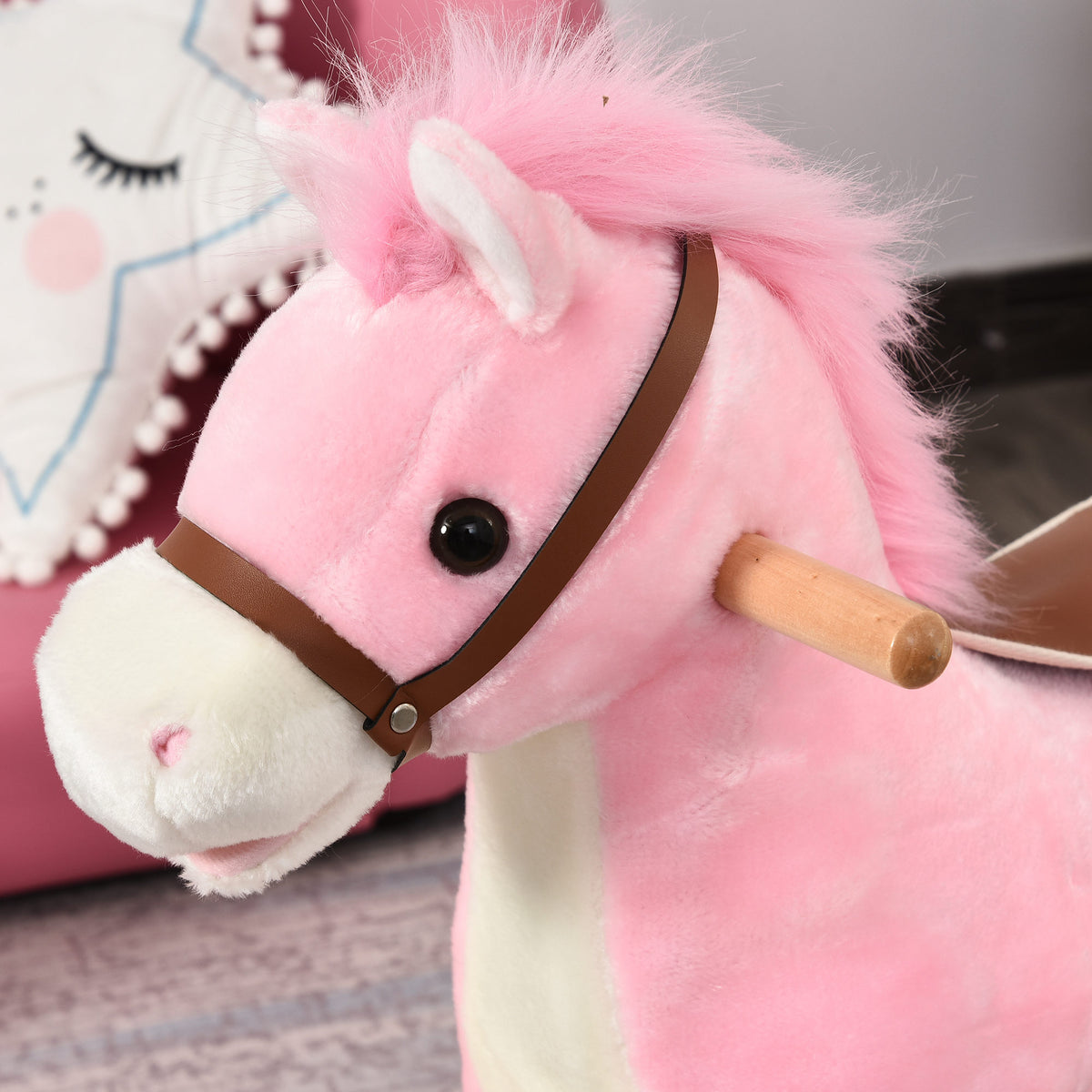 Cheval à Bascule Selle Grand Confort Peluche Courte Douce Bois peuplier Rose dim. 65L x 32,5l x 61H cm-6