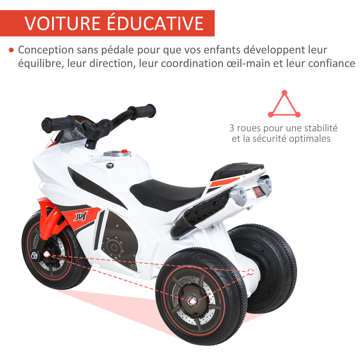 Porteur Enfants Moto de Course Effets musicaux et Lumineux Coffre Rangement Rouge Blanc-6