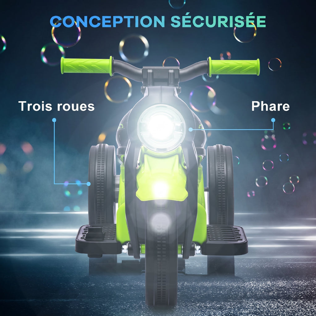 Moto électrique enfants 2-5 ans, 3 roues, 6 V, 3 km/h, avec fonction de bulles, effets lumineux et sonores, vert-4