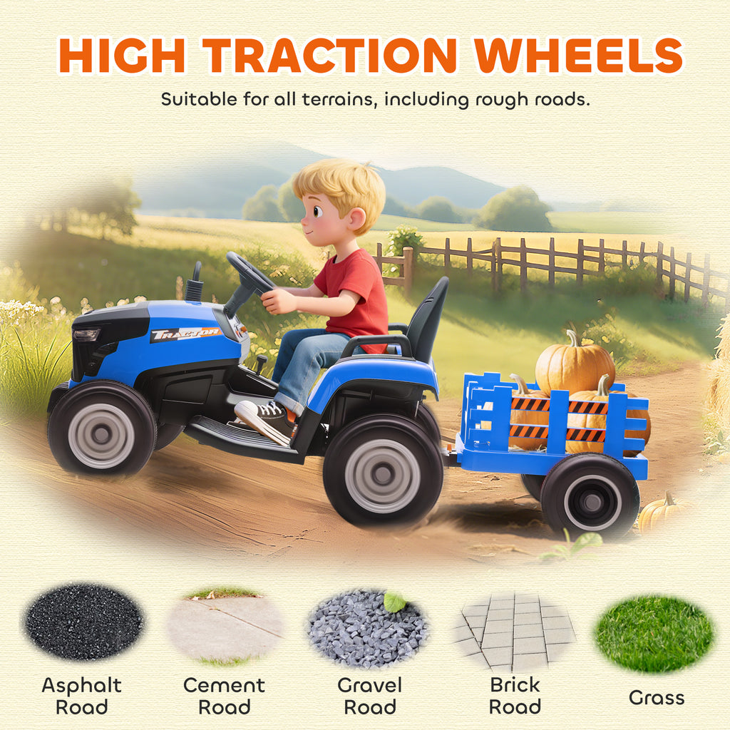 Tracteur électrique enfants avec remorque amovible, voiture électrique enfants, télécommande 2,4G, 139x58x55cm, bleu-8