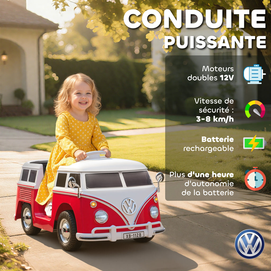 Voiture électrique enfant Volkswagen T1 sous licence officielle 12 V avec 2 moteurs démarrage doux 89x49x41,5cm rouge-4