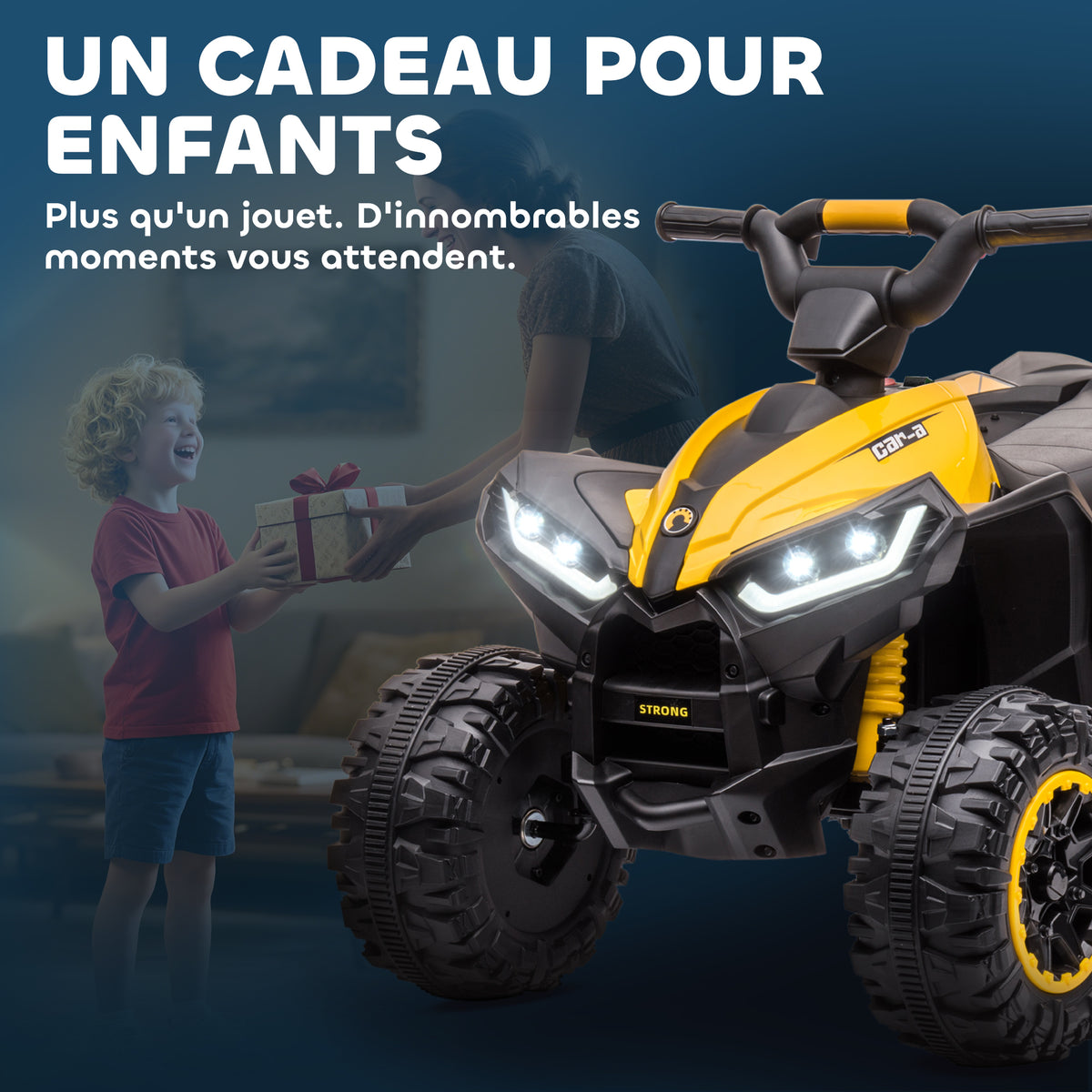 Quad électrique enfant 12 V, voiture électrique enfants 2 moteurs 2 vitesses 3-6 km/h, phares LED, klaxon, pour enfant de 3 à 5 ans, poignée et selle ergonomique, jaune-7