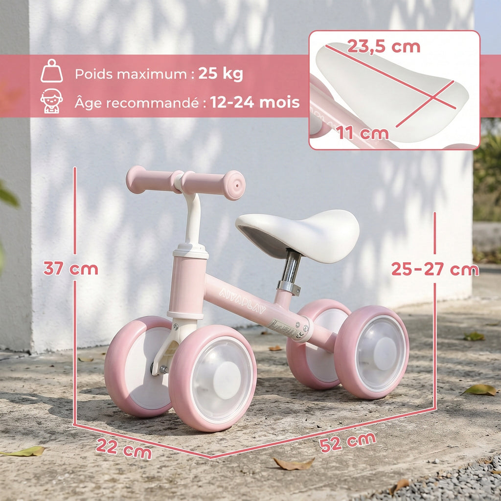 Draisienne Bébé 1-2 Ans, 4 Roues Lumineuses, Siège Réglable, Direction Limitée, Pneus EVA Silencieux, 52x22x37cm, Rose-2