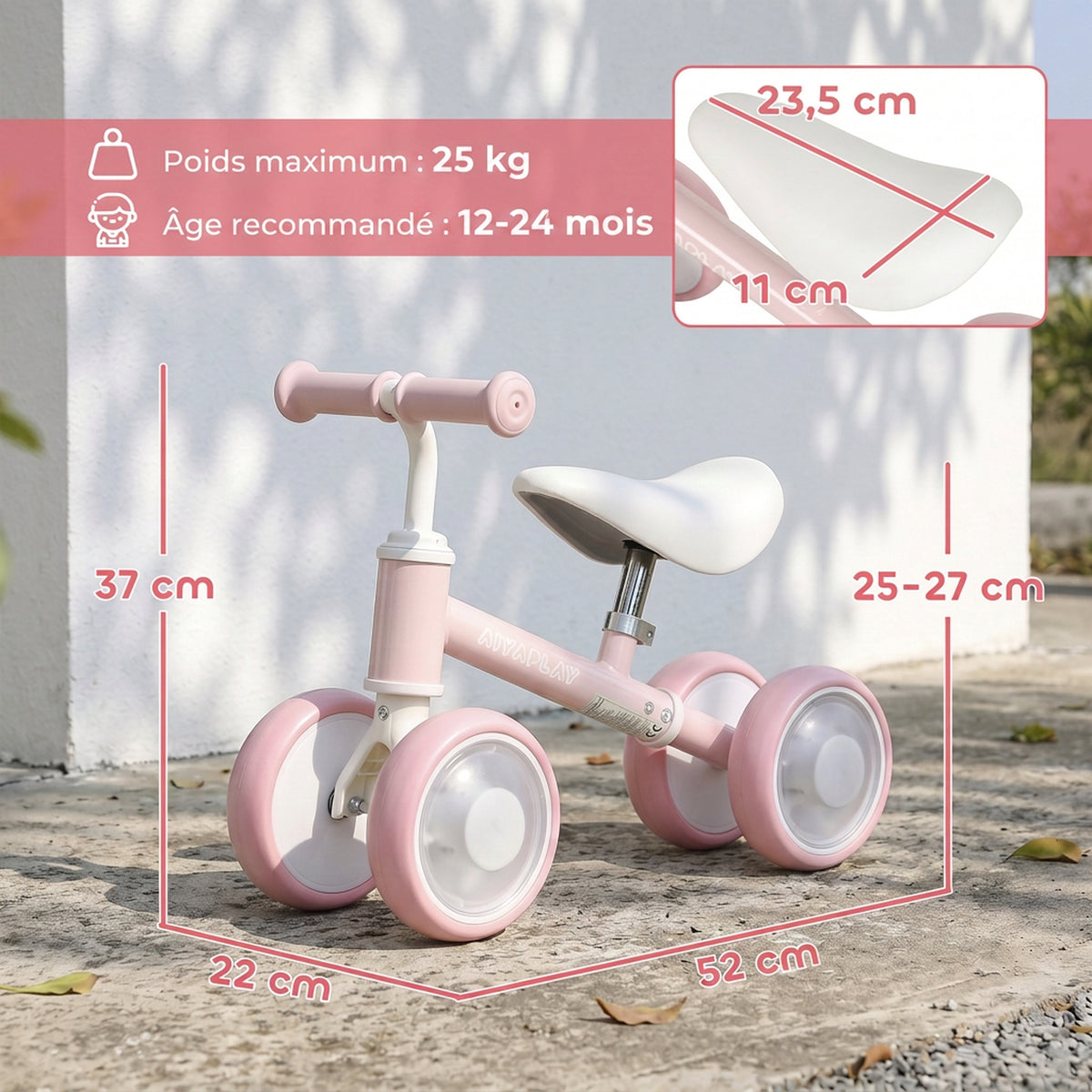 Draisienne Bébé 1-2 Ans, 4 Roues Lumineuses, Siège Réglable, Direction Limitée, Pneus EVA Silencieux, 52x22x37cm, Rose-2