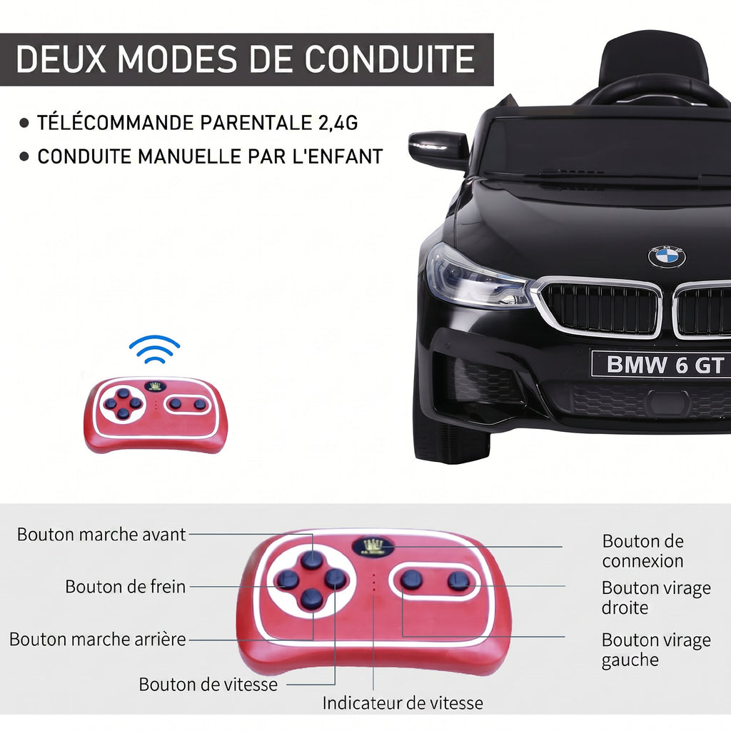 Voiture électrique Enfants 6 V 3 Km/h Max. Effets sonores et Lumineux télécommande Incluse Noir BMW 6 GT-6